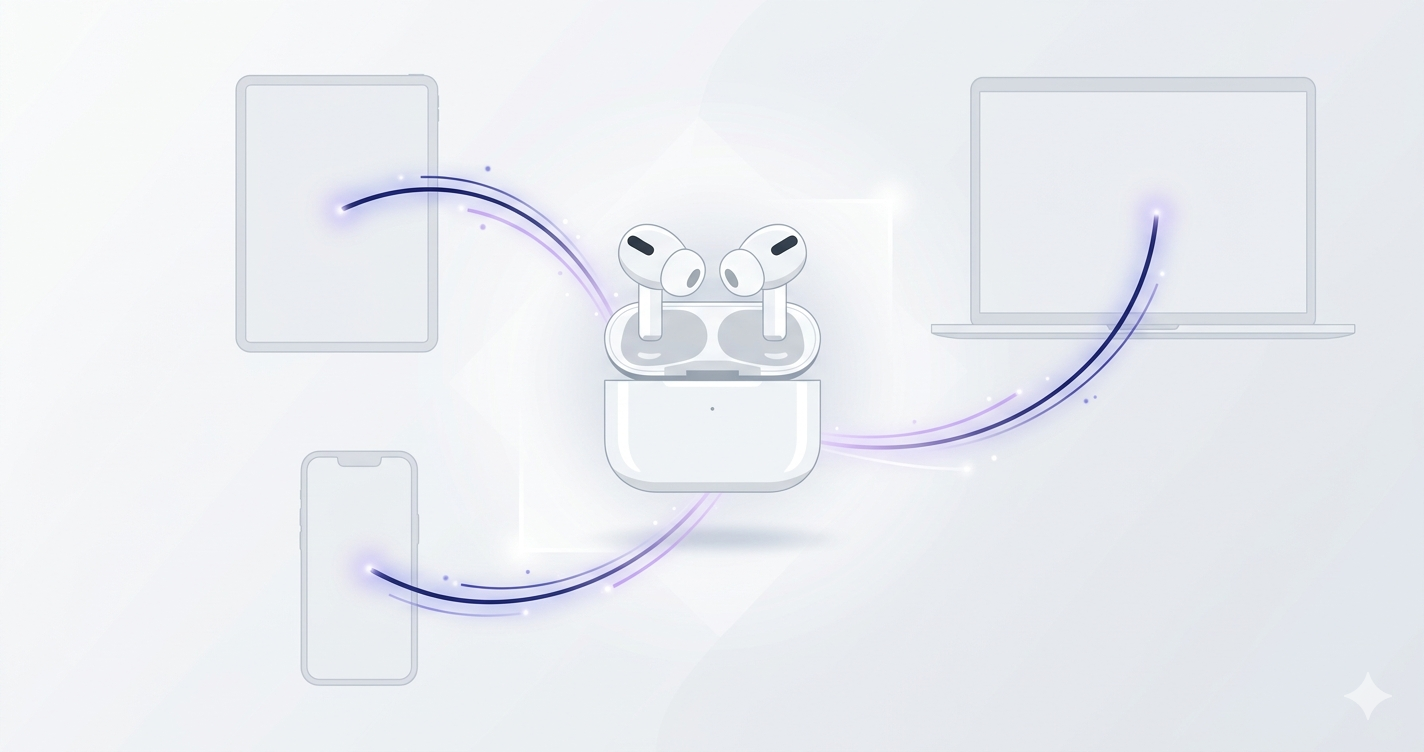 AirPodsとiPhone・Mac・iPadのデバイス間自動切替をイメージしたイラスト