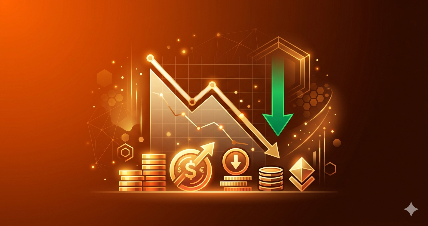 コスト削減グラフとトークンのアイコンをイメージしたオレンジ色のビジュアル