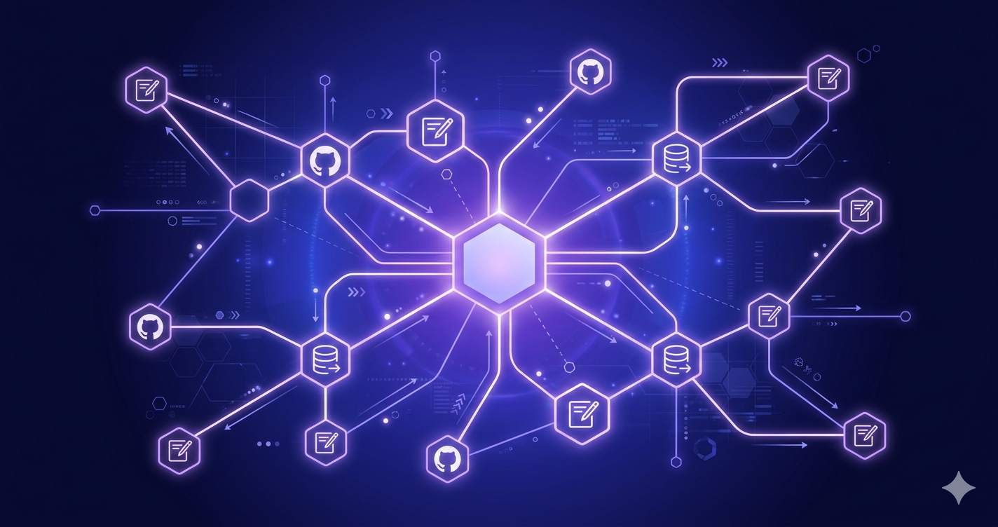 Claude CodeとMCPサーバーの接続ネットワークをイメージしたインディゴ色のビジュアル