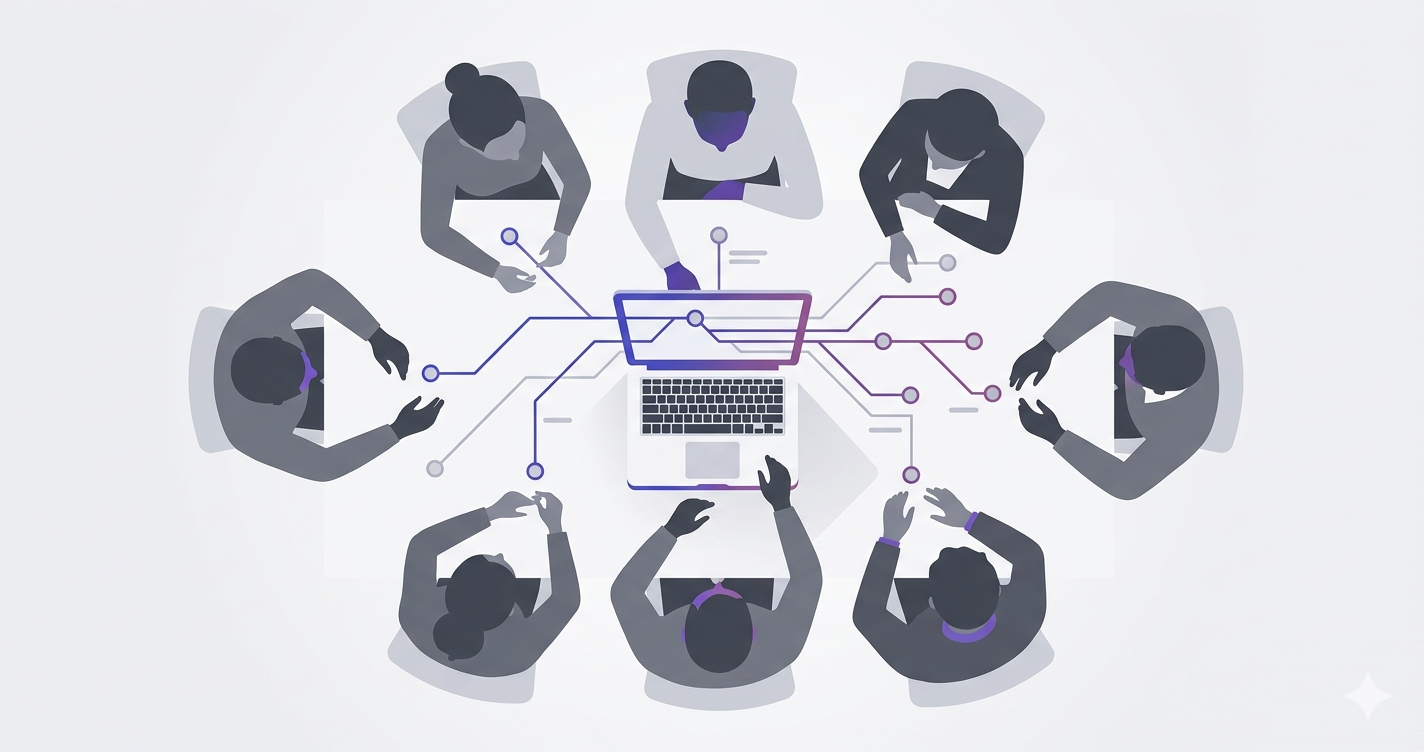 複数人がノートPCを囲んでChante Codeでチーム開発をしているイメージイラスト