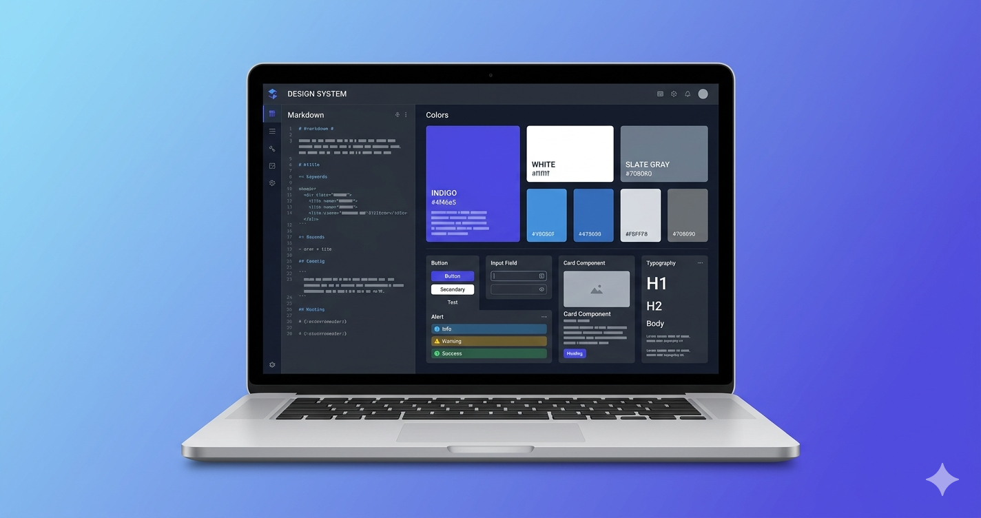 ノートPC画面にdesign.mdのカラーパレットとコンポーネント定義が表示されているイメージ