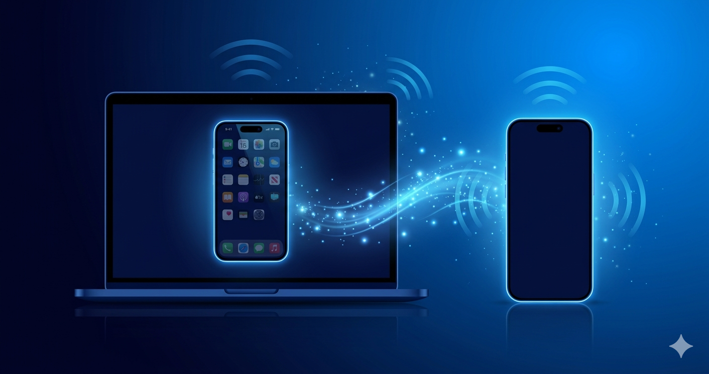 MacとiPhoneが接続されiPhoneミラーリングが動作しているイメージ