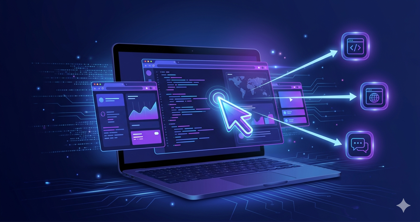 MacBook画面でAIカーソルが複数アプリを自動操作するイメージイラスト