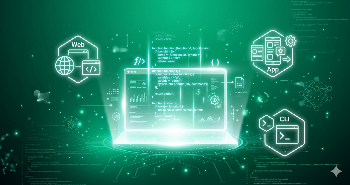 エメラルドグリーンのAIコーディングエージェントイメージ：OpenAI Codexの4プラットフォーム対応を表す未来的なビジュアル