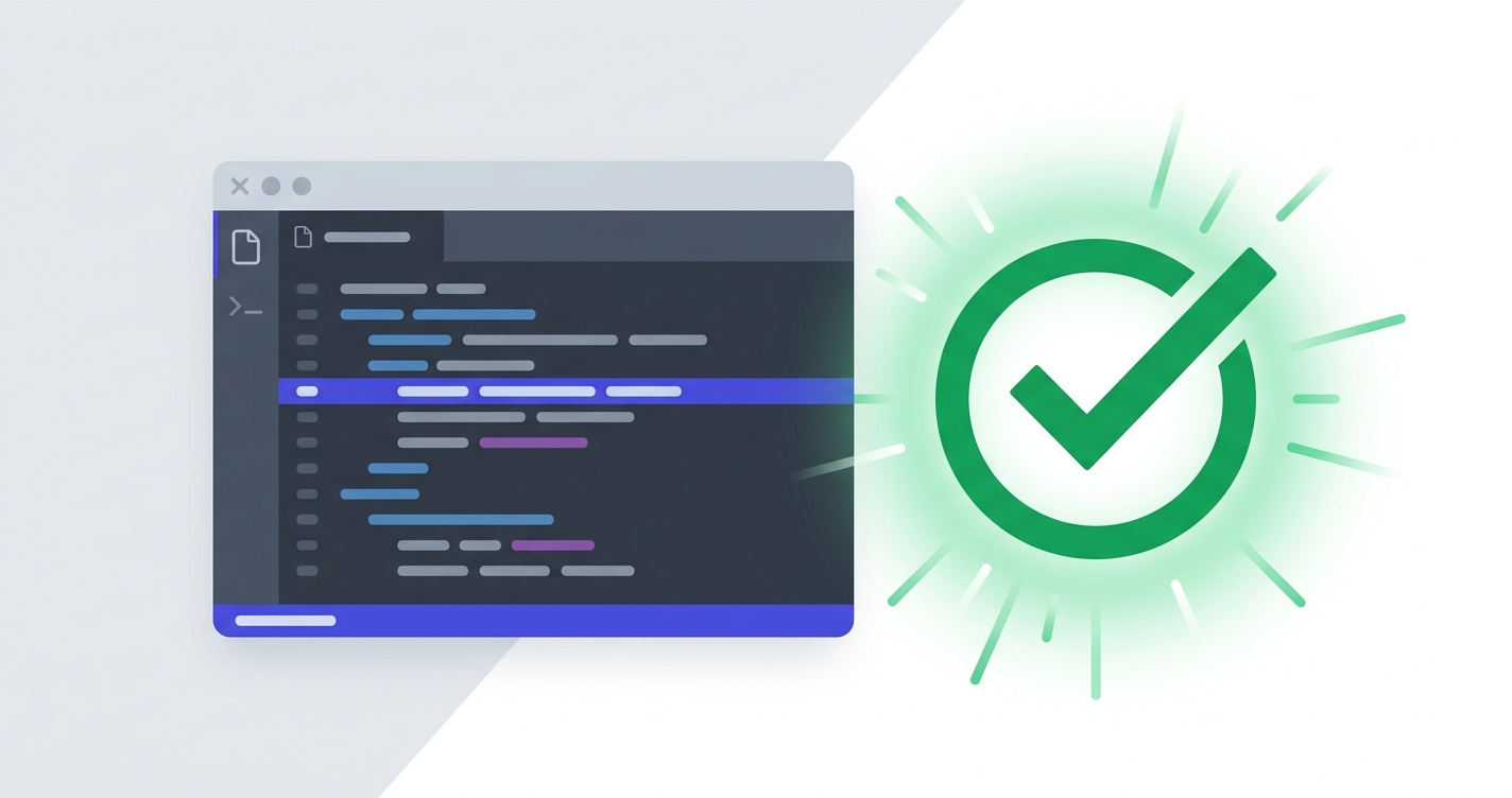 コードエディタとテスト合格チェックマークが並ぶテストコードのイメージイラスト