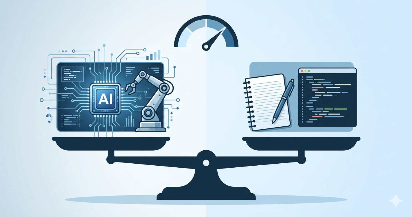 バイブコーディングと従来開発を天秤で比較するイラスト