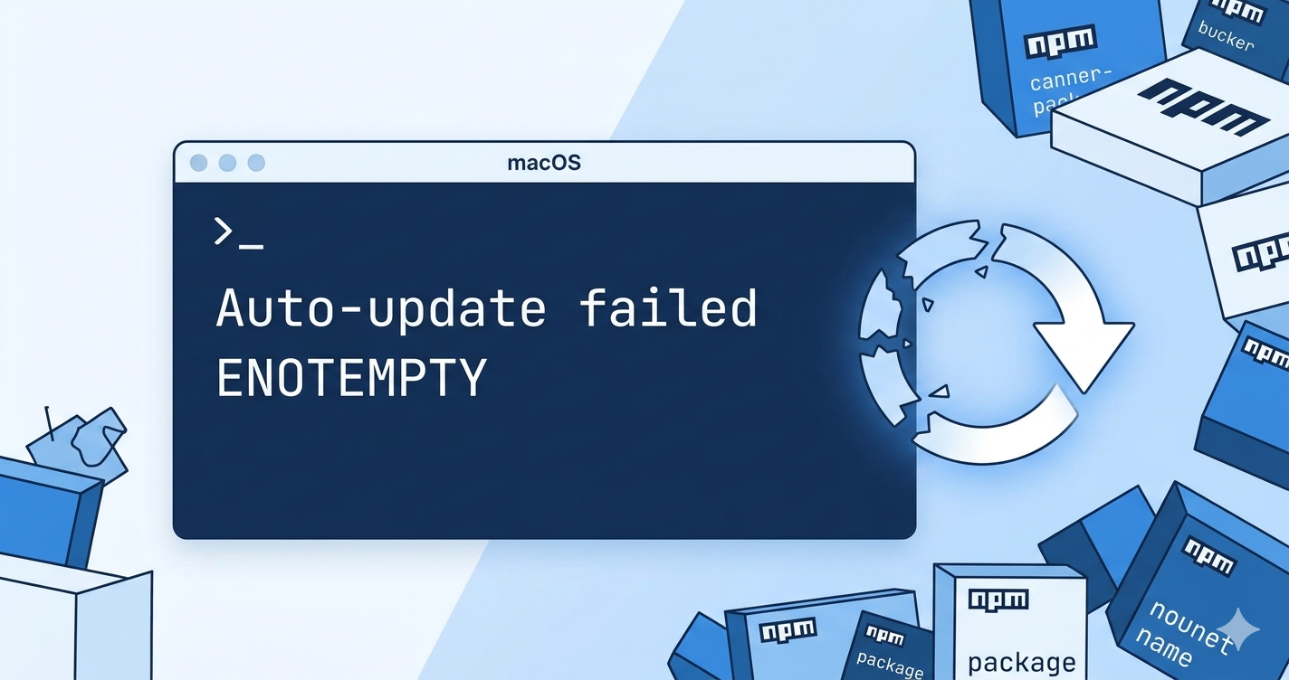 macOSターミナルにAuto-update failedとENOTEMPTYエラーが表示されているイラスト