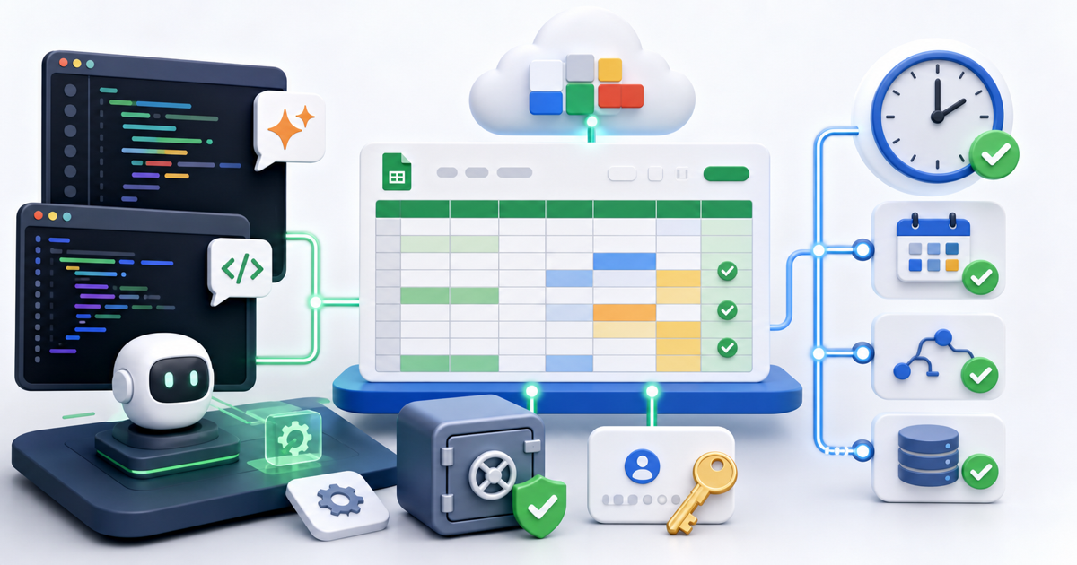 Claude CodeやCodexでGoogleスプレッドシートをAPI連携し定期操作する流れを表すアイキャッチ画像