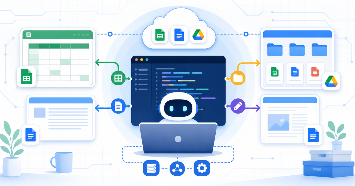 Claude CodeがMCPやAPIを通じてGoogle WorkspaceのSheets Drive Docsを操作する様子を表すアイキャッチ画像