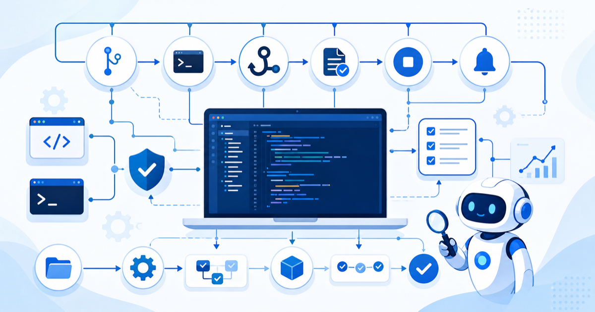 Claude Code Hooksで通知、テスト実行、安全対策を自動化する開発ワークフローのイラスト