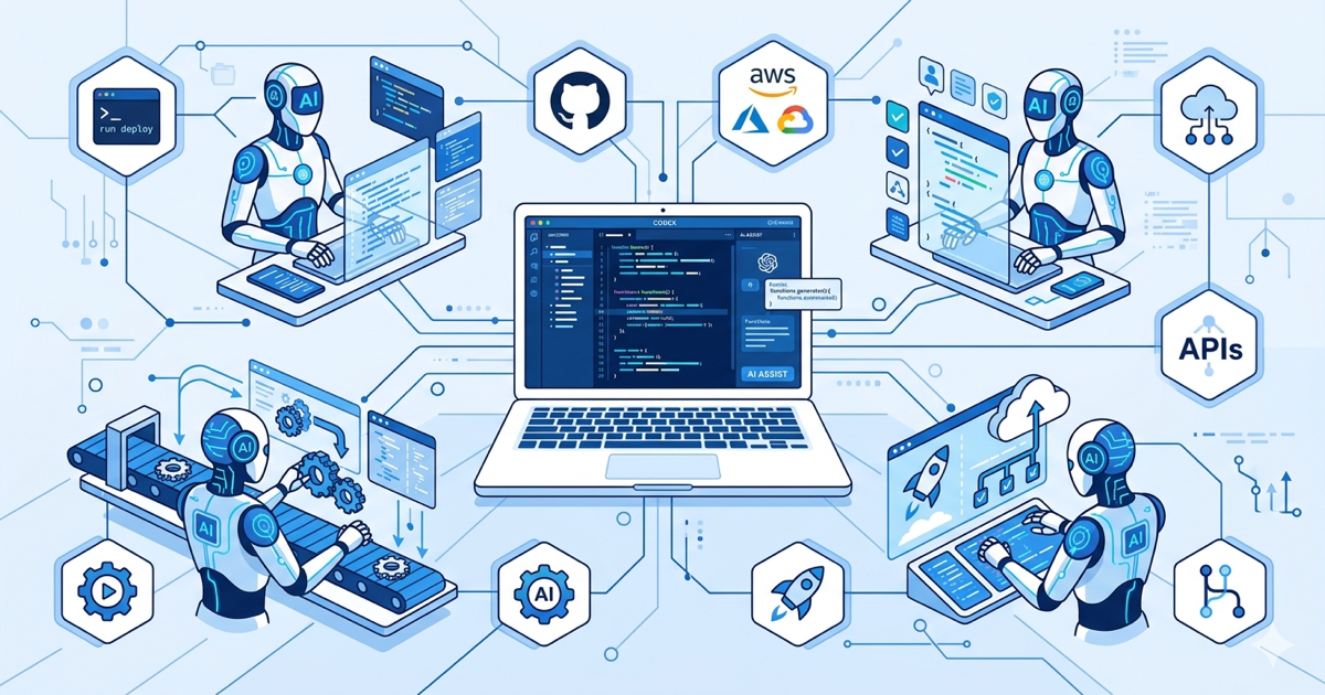 OpenAI CodexのAIエージェントがコード編集、クラウド連携、自動化タスクを並列で進めるイラスト