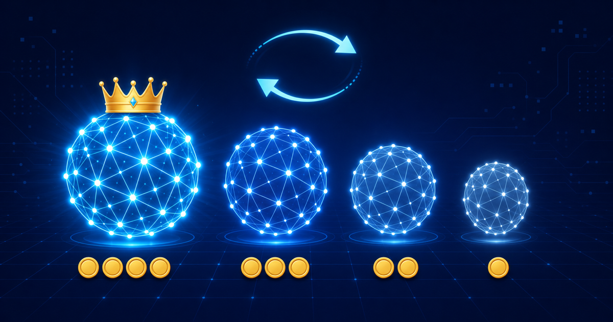 王冠付きの大きなAIコアから軽量なコアまで4段階に並び、コインの枚数でコスト差を表現したモデル使い分けのイメージイラスト