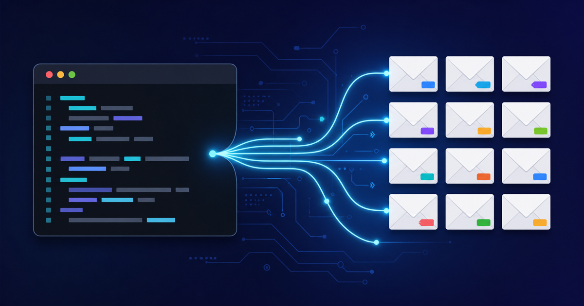 ターミナルから光の回路が伸びてラベル付きの封筒が整理されていく、Claude CodeとGmail連携のイメージイラスト