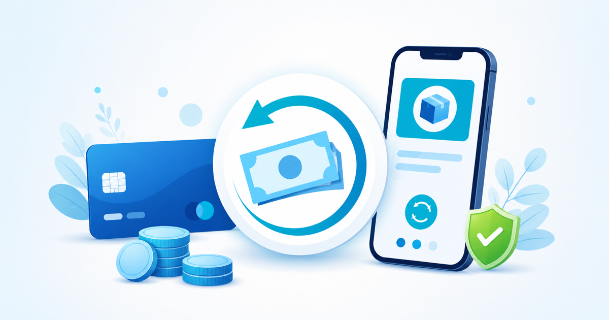 クレジットカードとコイン、お金が戻る円形の矢印、スマートフォン画面で返金・払い戻しを表現したフラットイラスト