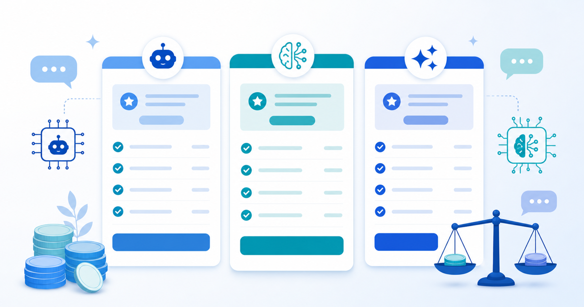 3列の料金比較カードとAIアイコン・コイン・天秤で生成AIサービスの料金比較を表したフラットイラスト