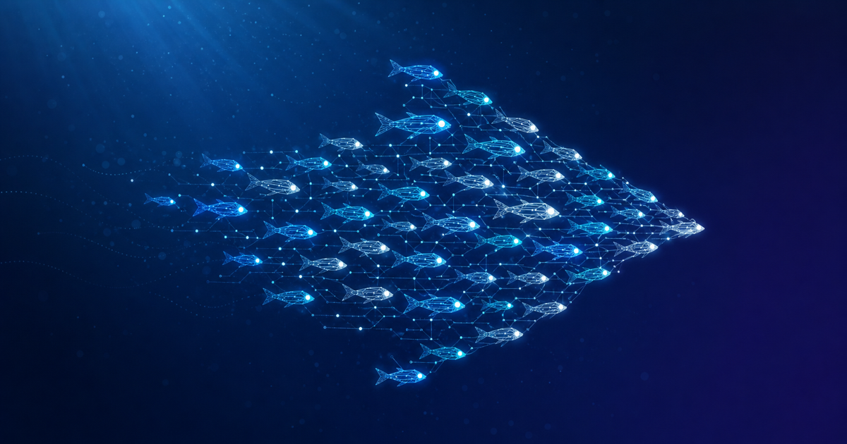 小さな魚の群れが集まって大きな矢印型を形づくる集合知を表したイラスト