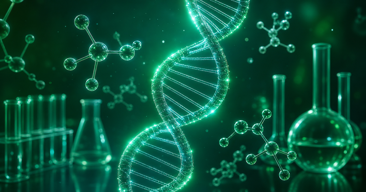 緑に輝くDNA二重螺旋と分子模型、試験管が並ぶ研究室のイメージ