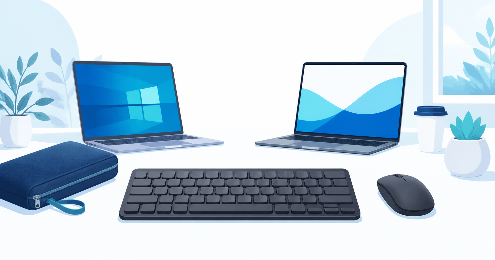 2台のノートPCとコンパクトなキーボード、マウス、持ち運び用ポーチのイメージイラスト